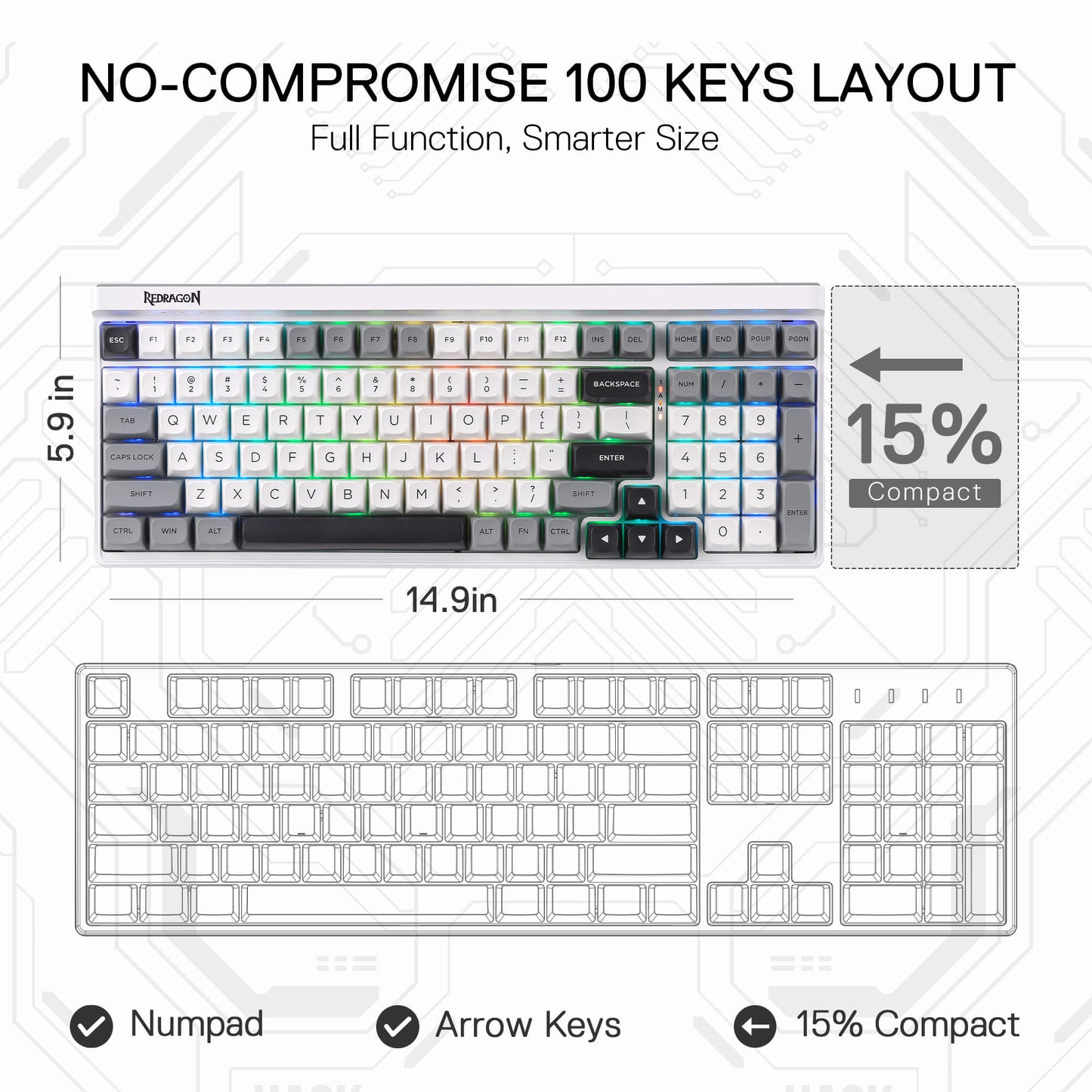 Redragon K656 PRO 3-Mode Wireless RGB Gaming Keyboard, 100 Keys Mechanical Keyboard w/Hot-Swappable Socket, 3 Noise Dampening Layers, PBT Round Keycaps & Custom Linear Switch, Moondust Gray