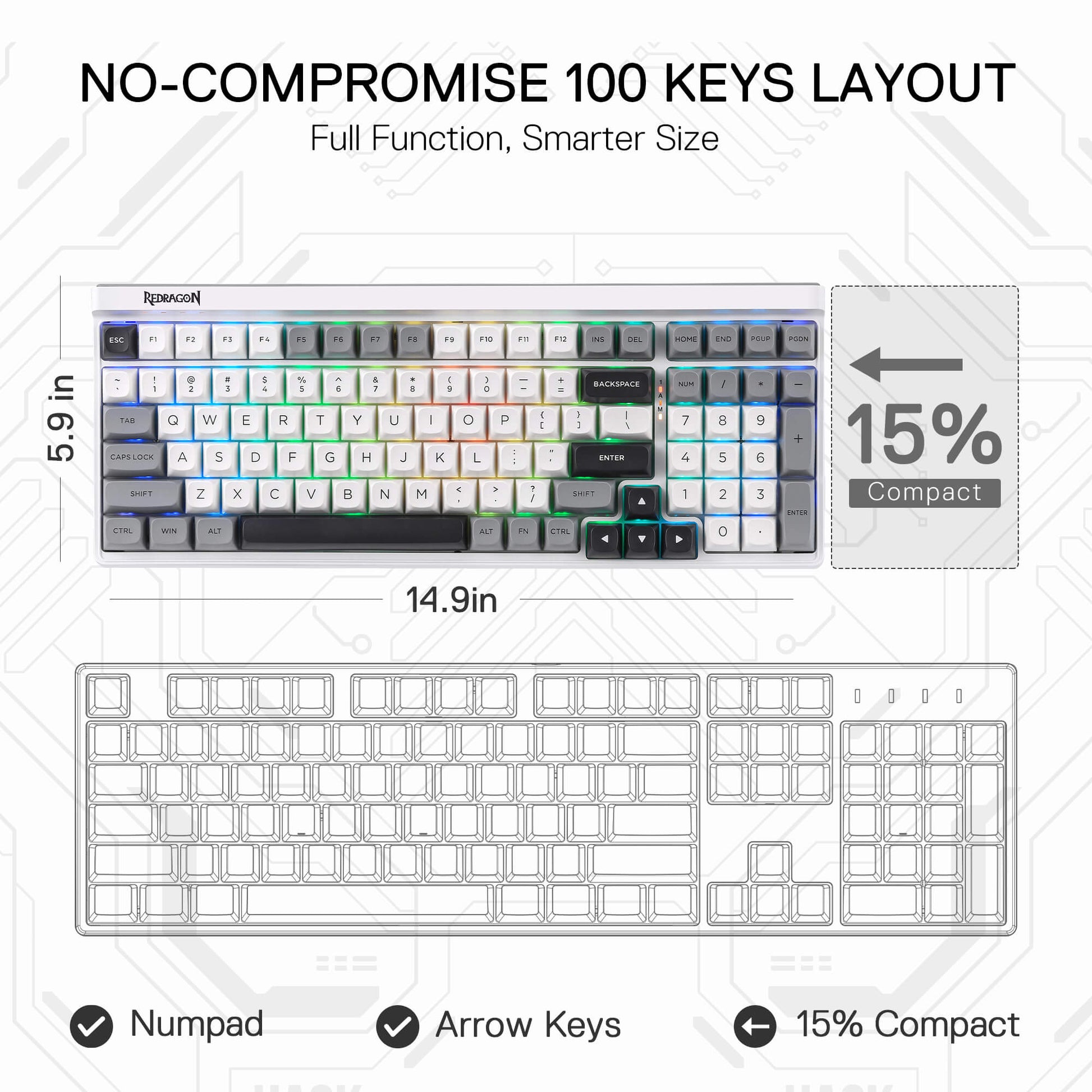 Redragon K656 PRO 3-Mode Wireless RGB Gaming Keyboard, 100 Keys Mechanical Keyboard w/Hot-Swappable Socket, 3 Noise Dampening Layers, PBT Round Keycaps & Custom Linear Switch, Moondust Gray