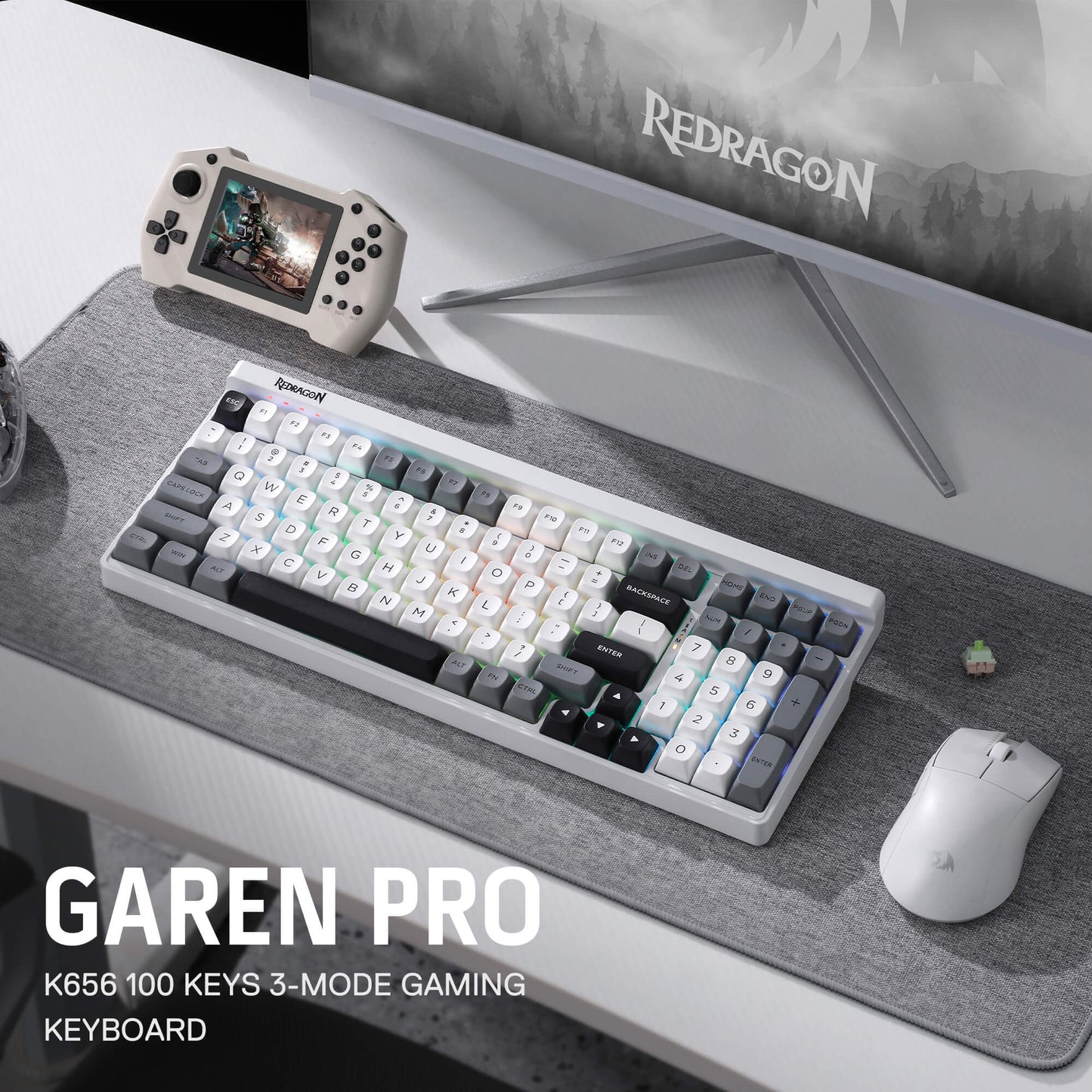 Redragon K656 PRO 3-Mode Wireless RGB Gaming Keyboard, 100 Keys Mechanical Keyboard w/Hot-Swappable Socket, 3 Noise Dampening Layers, PBT Round Keycaps & Custom Linear Switch, Moondust Gray