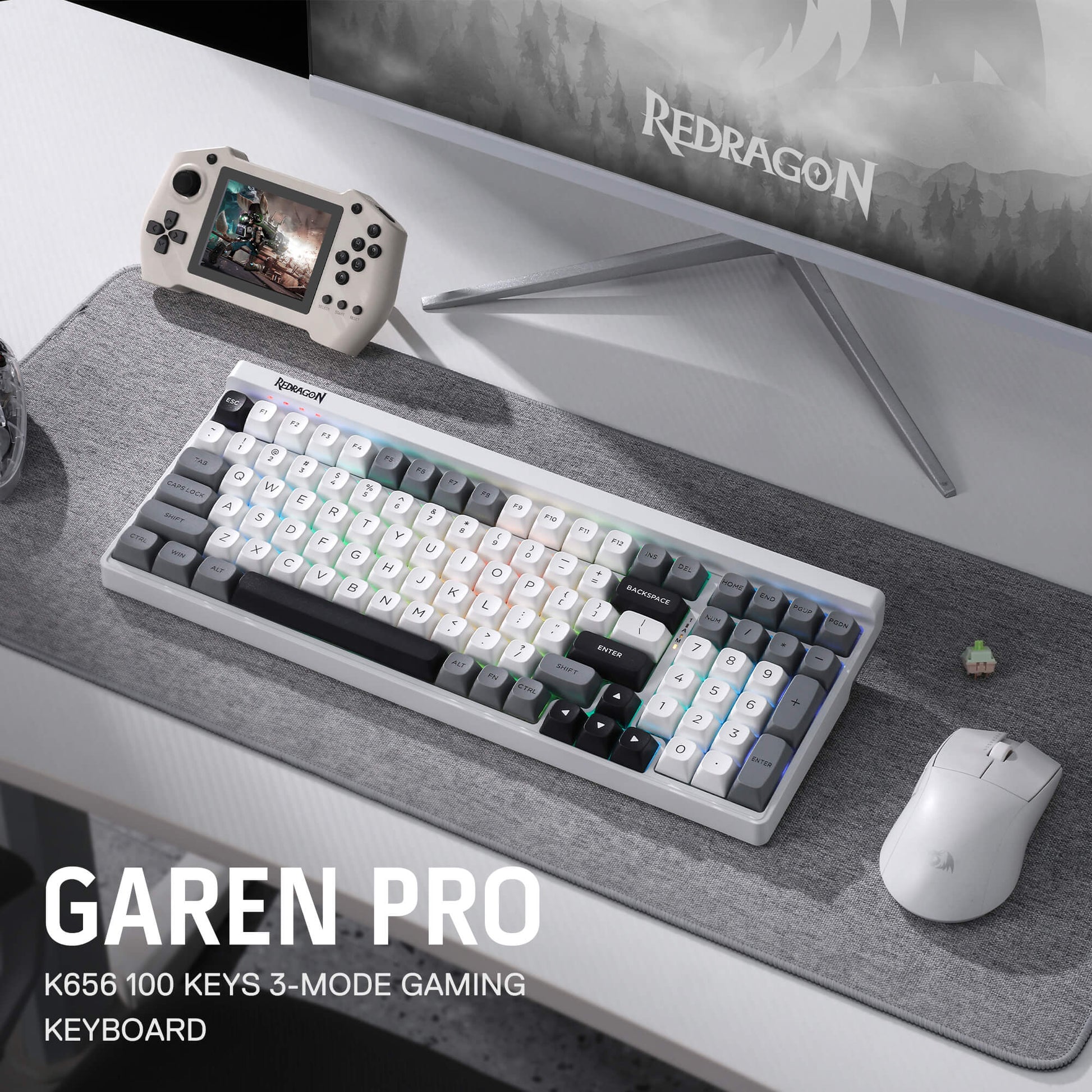 Redragon K656 PRO 3-Mode Wireless RGB Gaming Keyboard, 100 Keys Mechanical Keyboard w/Hot-Swappable Socket, 3 Noise Dampening Layers, PBT Round Keycaps & Custom Linear Switch, Moondust Gray