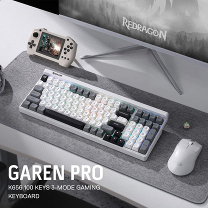 Redragon K656 PRO 3-Mode Wireless RGB Gaming Keyboard, 100 Keys Mechanical Keyboard w/Hot-Swappable Socket, 3 Noise Dampening Layers, PBT Round Keycaps & Custom Linear Switch, Moondust Gray