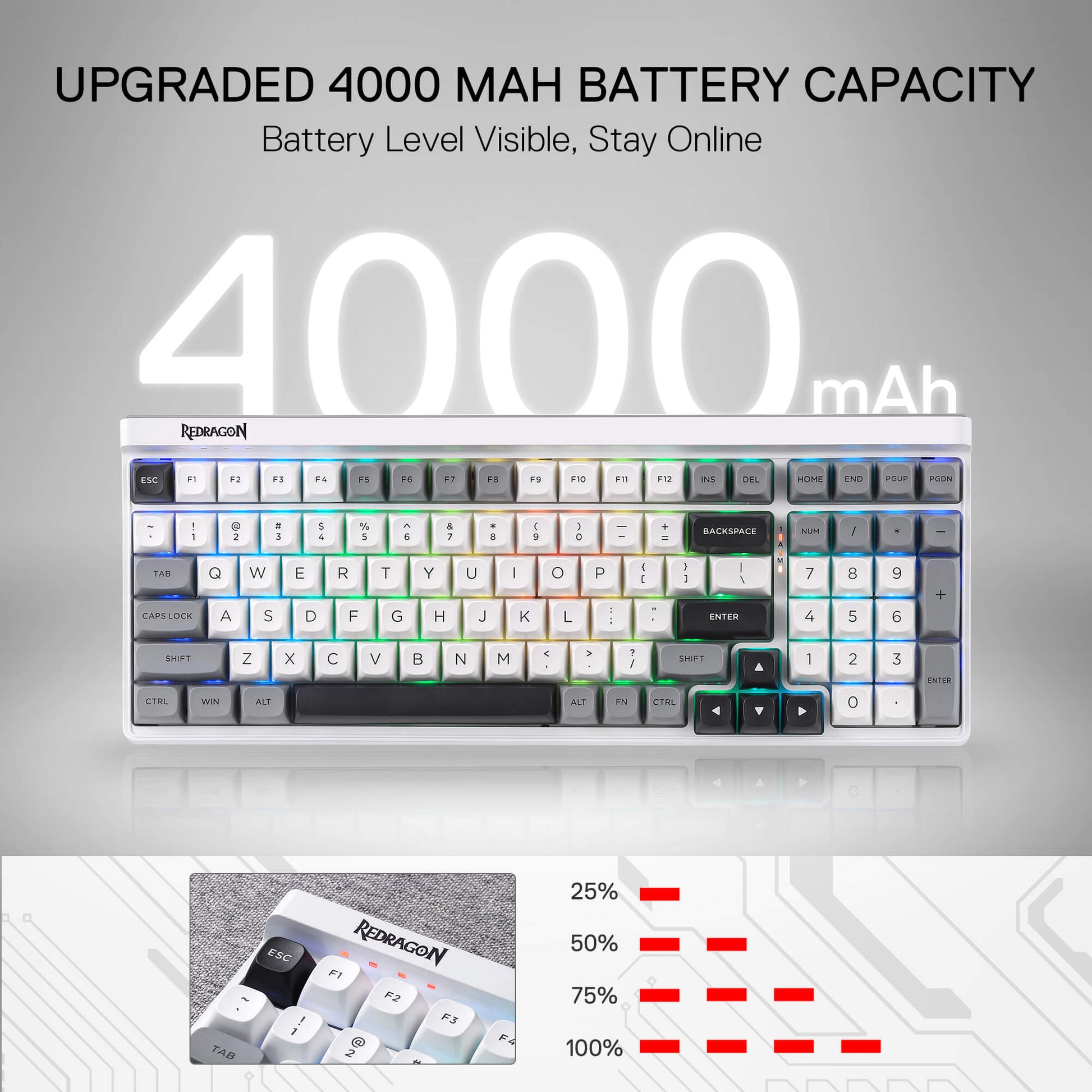 Redragon K656 PRO 3-Mode Wireless RGB Gaming Keyboard, 100 Keys Mechanical Keyboard w/Hot-Swappable Socket, 3 Noise Dampening Layers, PBT Round Keycaps & Custom Linear Switch, Moondust Gray