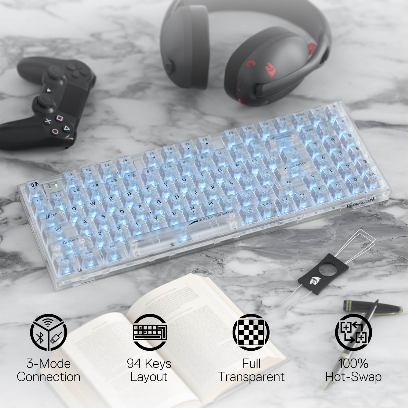 94 Keys Full-Transparent Hot-Swap Mechanical Keyboard w/Upgraded Socket