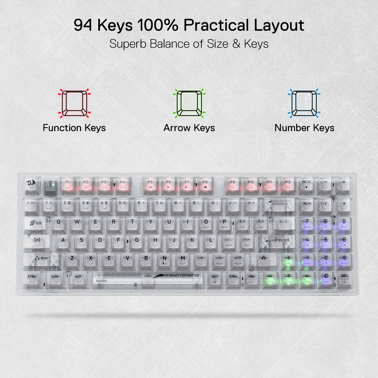 94 Keys Full-Transparent Hot-Swap Mechanical Keyboard w/Upgraded Socket