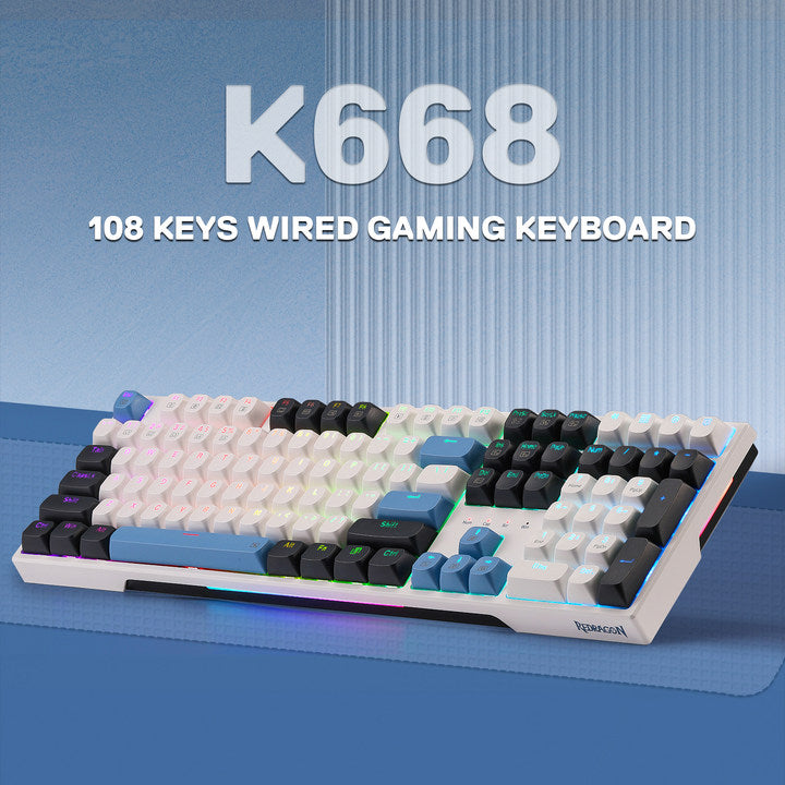 Redragon K668 108 keys wired gaming keyboard on a blue background