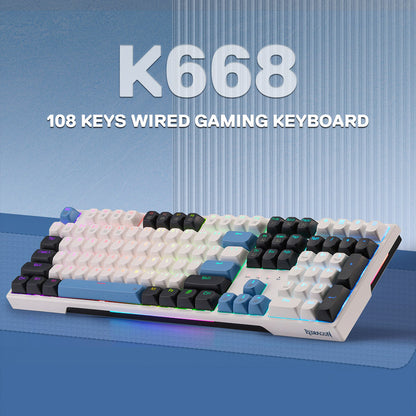 Redragon K668 108 keys wired gaming keyboard on a blue background