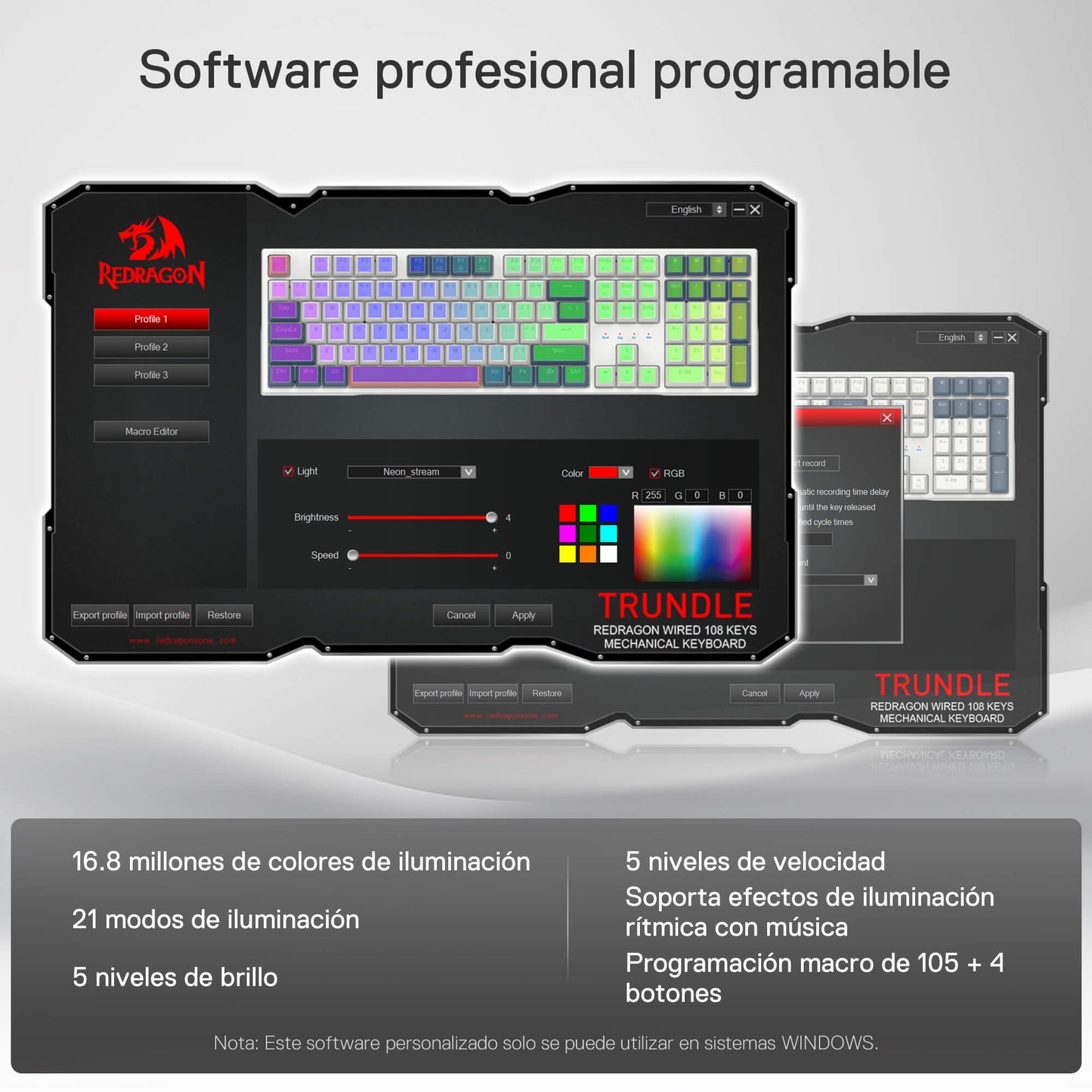 Redragon K668 RGB Teclado Gaming Mecánico Cableado 105+4 Teclas, Interruptores Rojos, Socket Hot-Swappable, Espumas Absorbentes, 2 Sets Teclas Mixtas, Disposición QWERTY Español