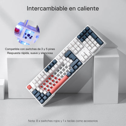 Redragon K668 RGB Teclado Gaming Mecánico Cableado 105+4 Teclas, Interruptores Rojos, Socket Hot-Swappable, Espumas Absorbentes, 2 Sets Teclas Mixtas, Disposición QWERTY Español