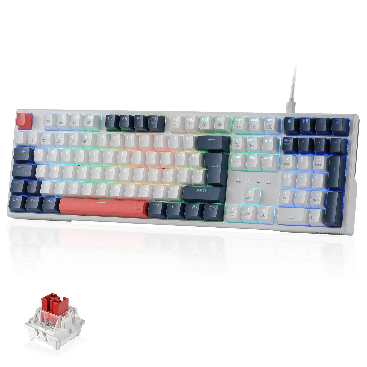Redragon K668 RGB Teclado Gaming Mecánico Cableado 105+4 Teclas, Interruptores Rojos, Socket Hot-Swappable, Espumas Absorbentes, 2 Sets Teclas Mixtas, Disposición QWERTY Español