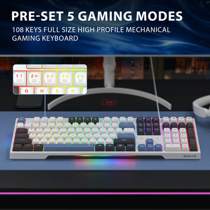 Redragon K668 Wired Gasket RGB Mechanical gaming keyboard with RGB lighting in front of a computer monitor, featuring text about gaming modes and key count.