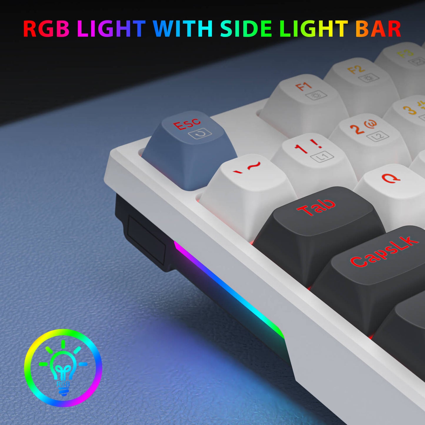 Redragon K668 Gaming keyboard with RGB lighting and side light bar on a dark surface