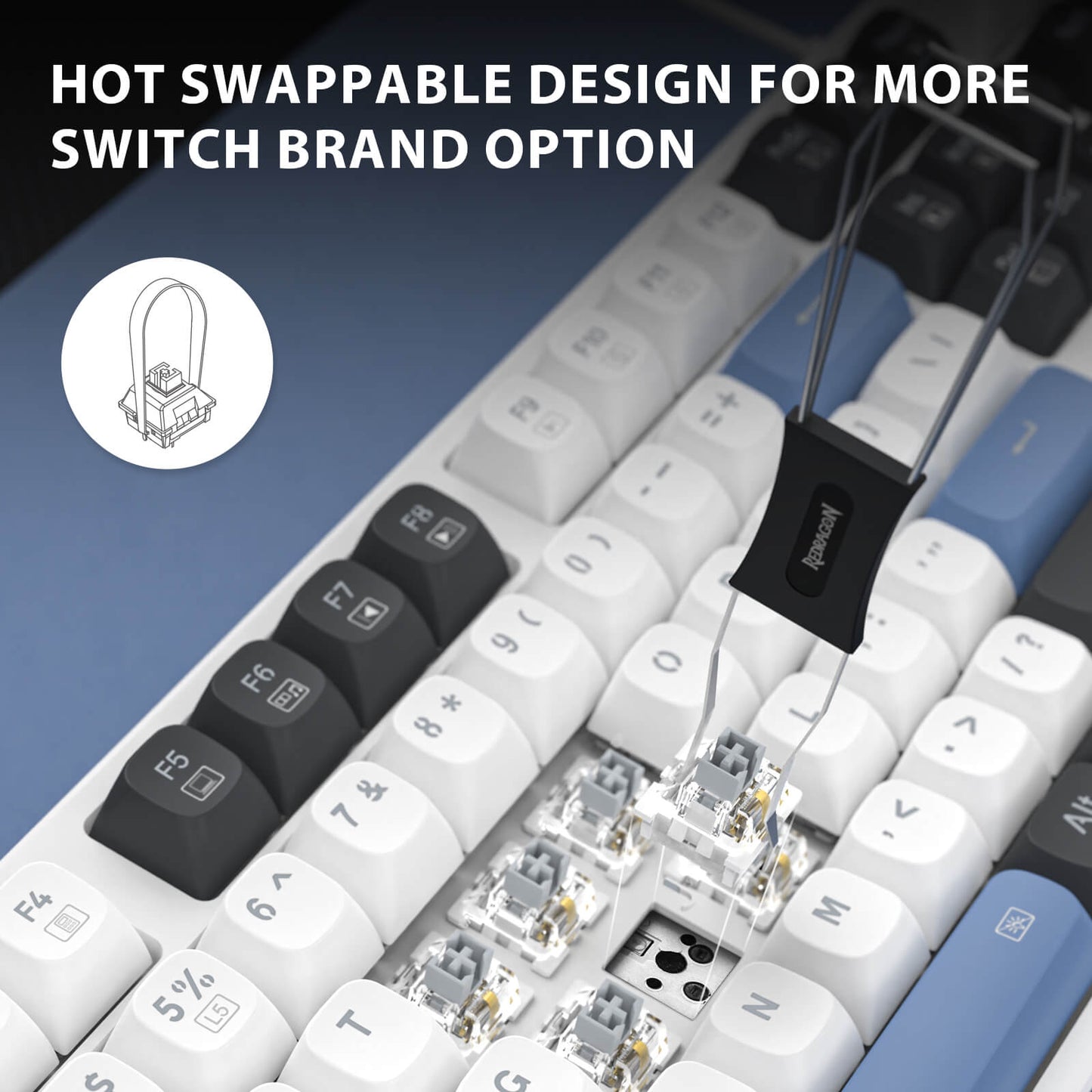 Redragon K668 Wired Keyboard with hot swappable switches and text highlighting customizable switch options.