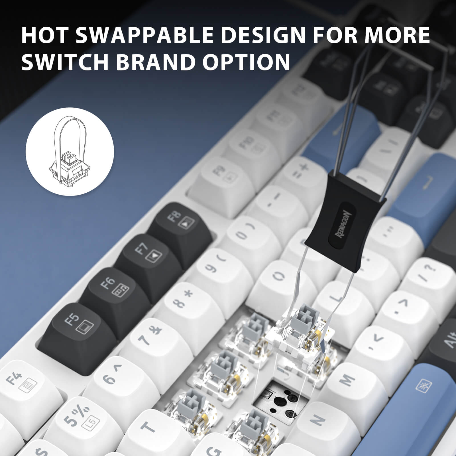 Redragon K668 Wired Keyboard with hot swappable switches and text highlighting customizable switch options.