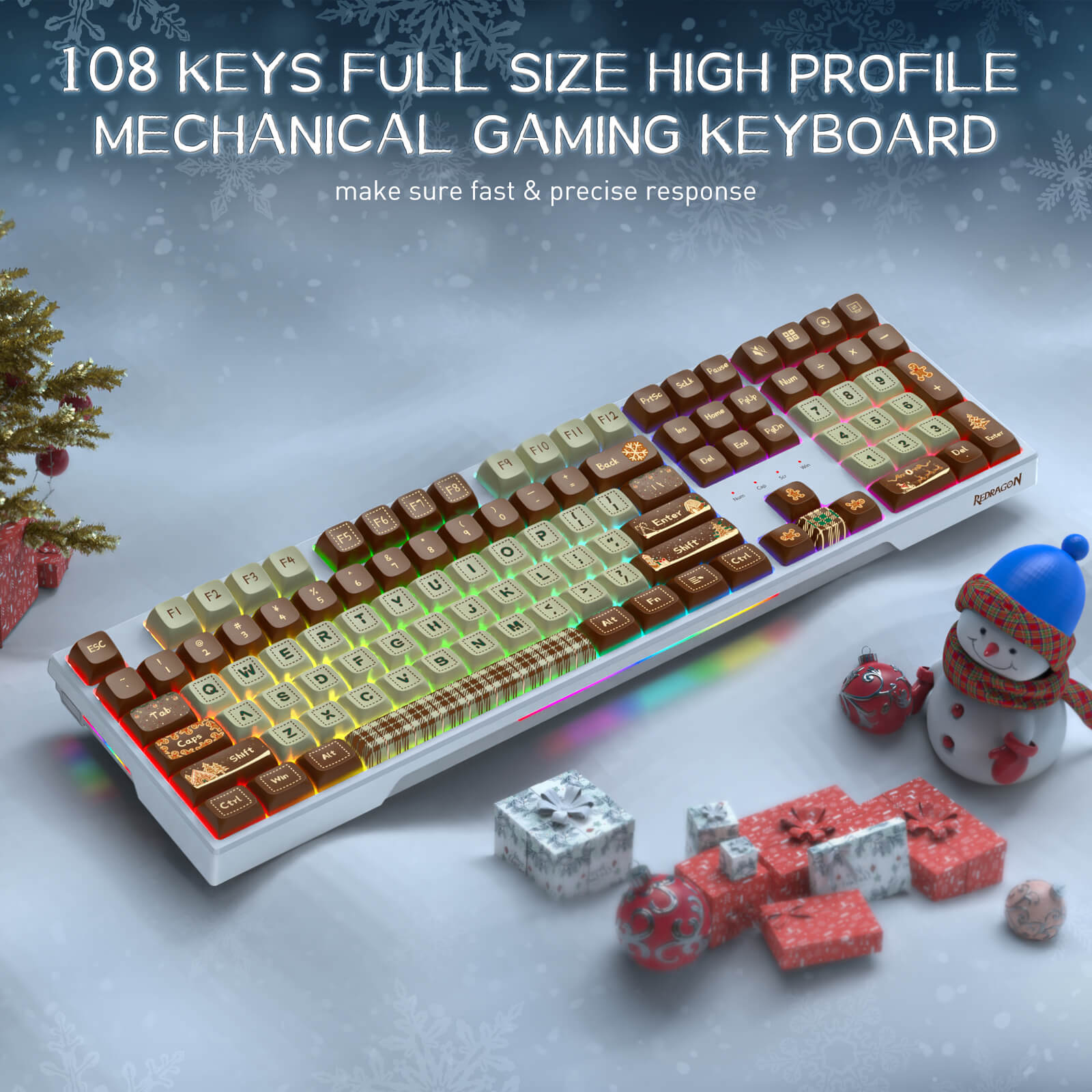 Redragon K668 Xmas Wired Gasket RGB Gaming Keyboard, 108 Keys Mechanical Keyboard w/Extra 4 Hotkeys, Upgraded Hot-swappable Socket, Sound Absorbing Foam, Christmas Gingerbread Man Themed Cute Keycaps