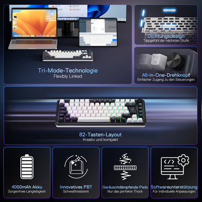 Redragon K673 PRO Kabellose QWERTZ DE Gaming-Tastatur, Gasket Struktur 75% kompaktes Design 82 Tasten Hot-Swap-Rote Schalter Mechanische Tastatur mit Knopf RGB-Beleuchtung, 2.4G/BT/Type-C Verbindungen