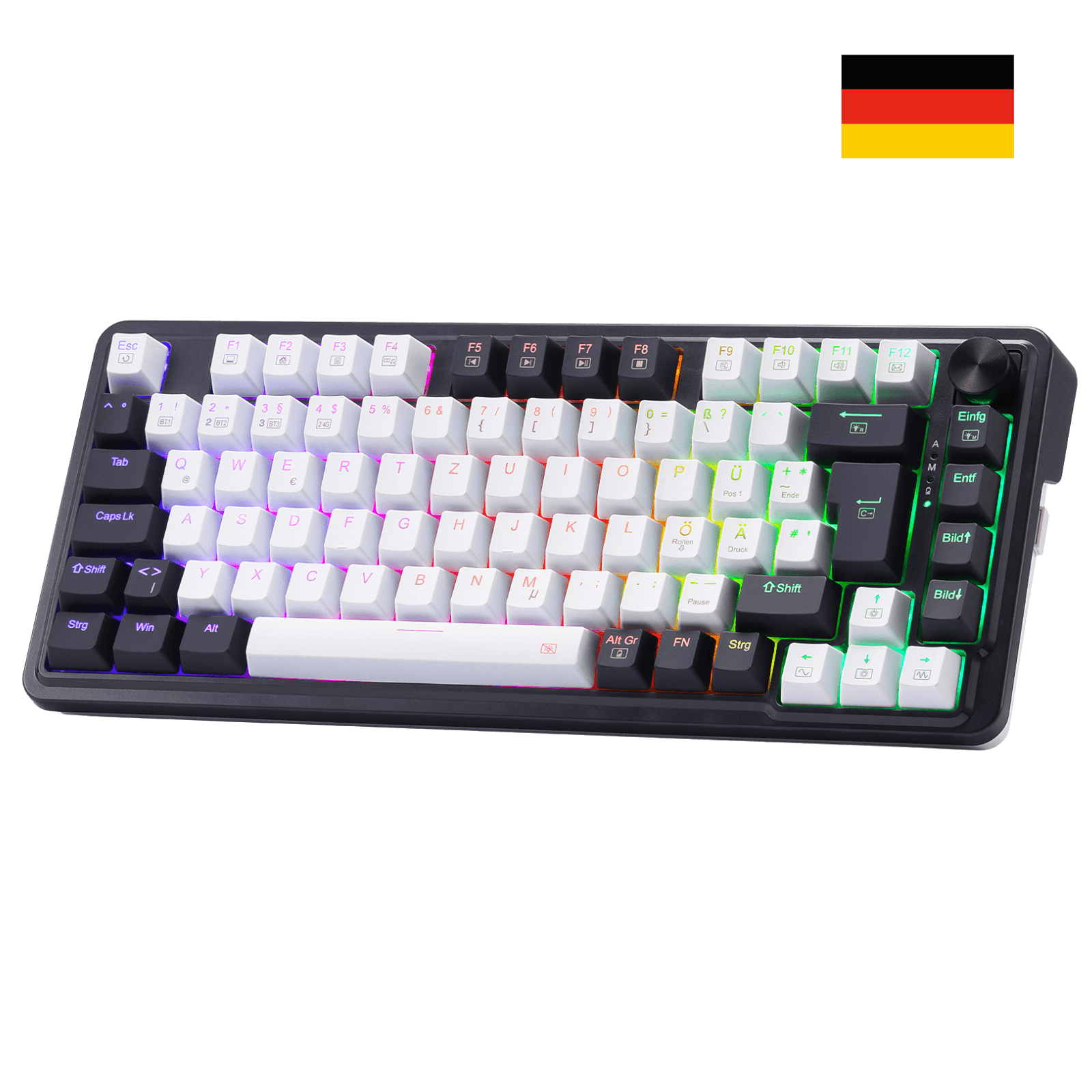 Redragon K673 PRO Kabellose QWERTZ DE Gaming-Tastatur, Gasket Struktur 75% kompaktes Design 82 Tasten Hot-Swap-Rote Schalter Mechanische Tastatur mit Knopf RGB-Beleuchtung, 2.4G/BT/Type-C Verbindungen