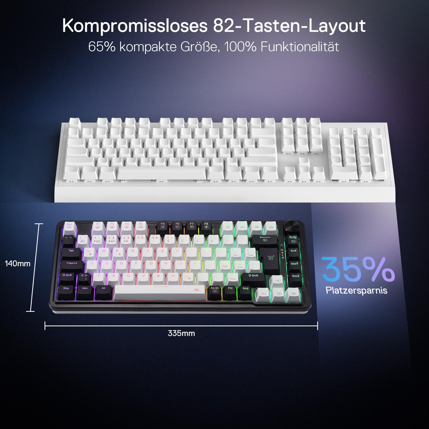 Redragon K673 PRO Kabellose QWERTZ DE Gaming-Tastatur, Gasket Struktur 75% kompaktes Design 82 Tasten Hot-Swap-Rote Schalter Mechanische Tastatur mit Knopf RGB-Beleuchtung, 2.4G/BT/Type-C Verbindungen