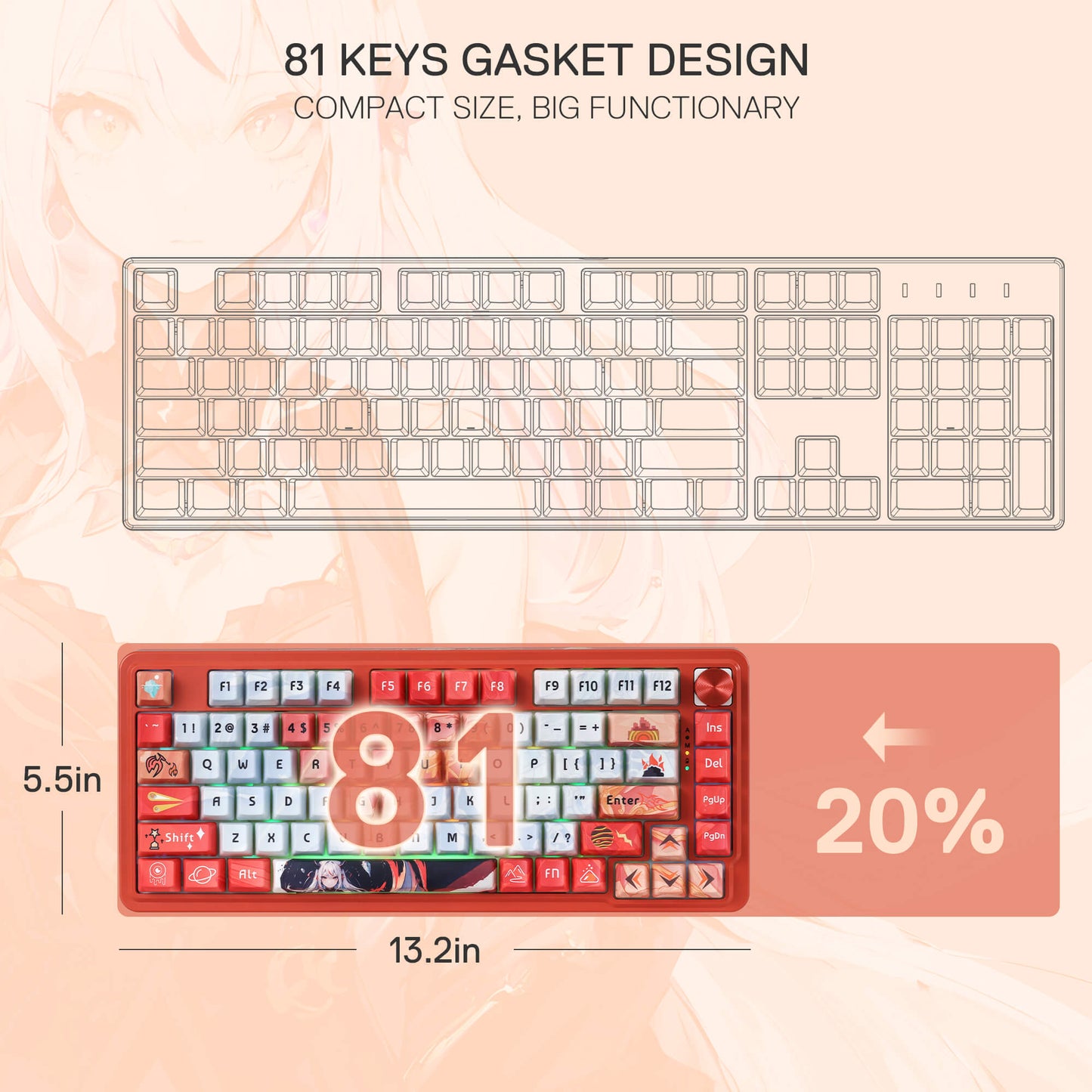 Redragon K673 PRO SE 75% 81 Keys Wireless Gasket RGB Gaming Keyboard, 3-Mode Anime Mechanical Keyboard w/Hot-Swap Socket, Dedicated Knob Control & 5-Layer Noise Dampening, Custom Hi-Fi Linear Switch