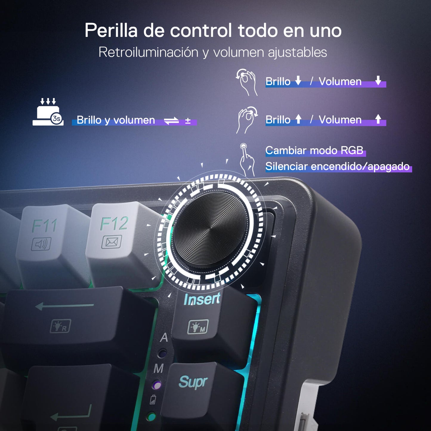 Keyboard with a control knob for brightness and volume adjustments on a dark background.
