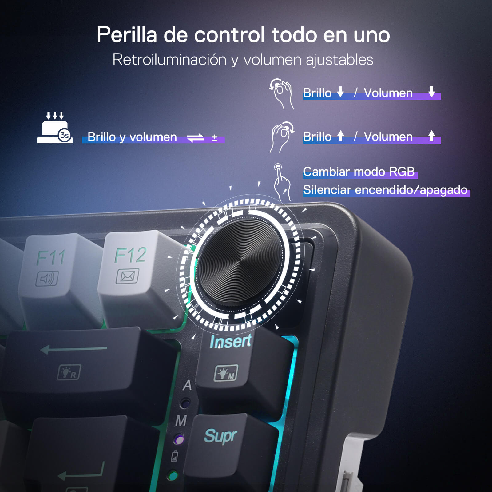 Keyboard with a control knob for brightness and volume adjustments on a dark background.