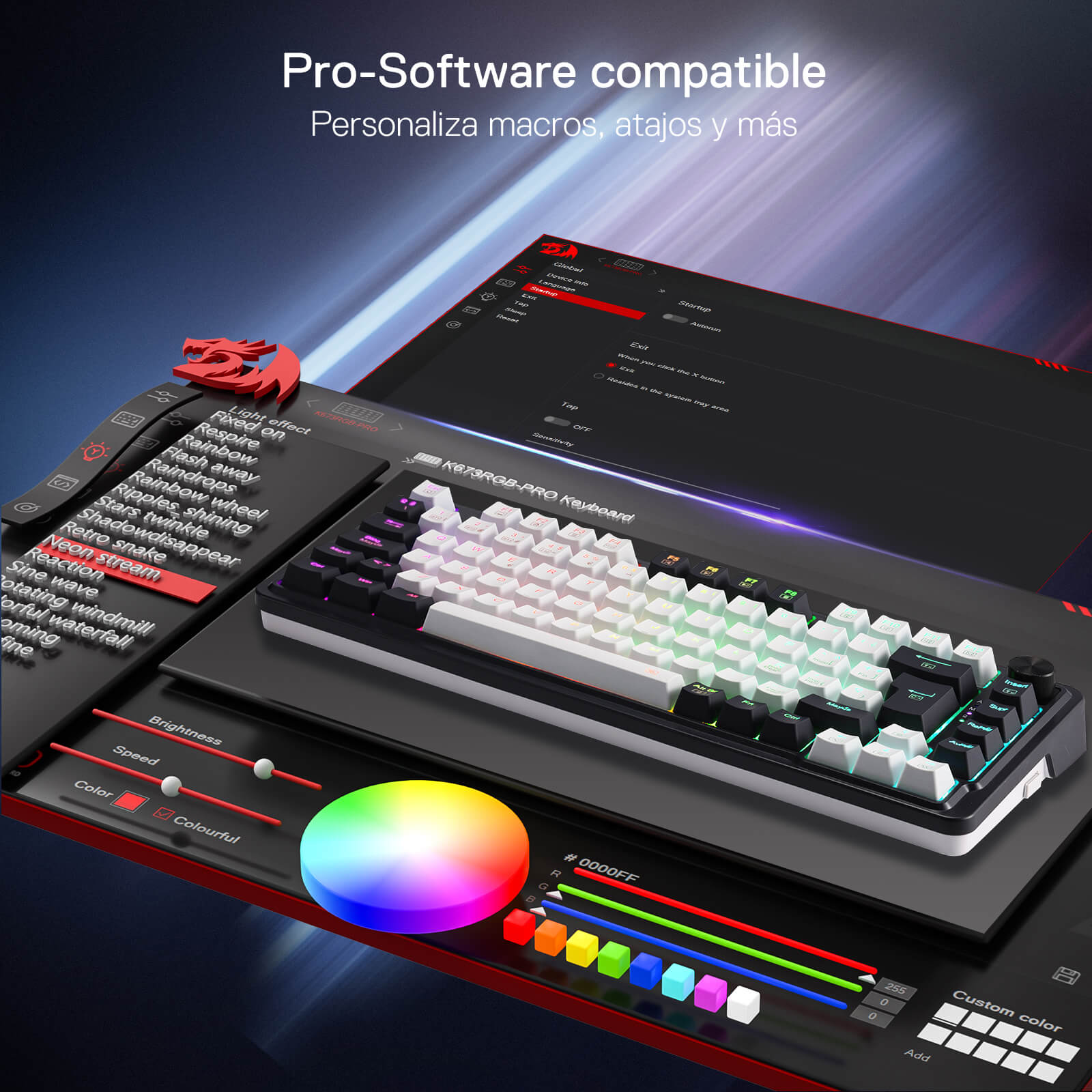 Mechanical keyboard with RGB lighting and software control panel on a dark background
