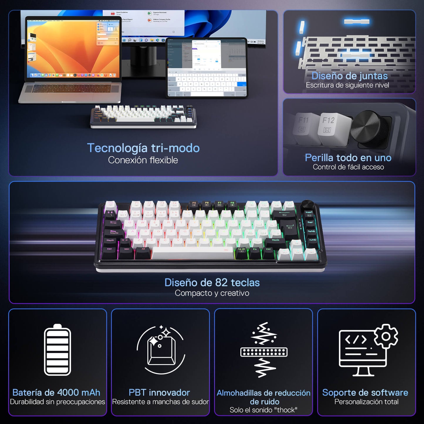 Keyboard with features highlighted on a dark background