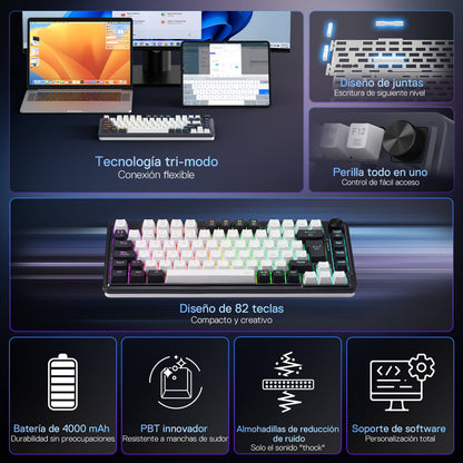 Keyboard with features highlighted on a dark background