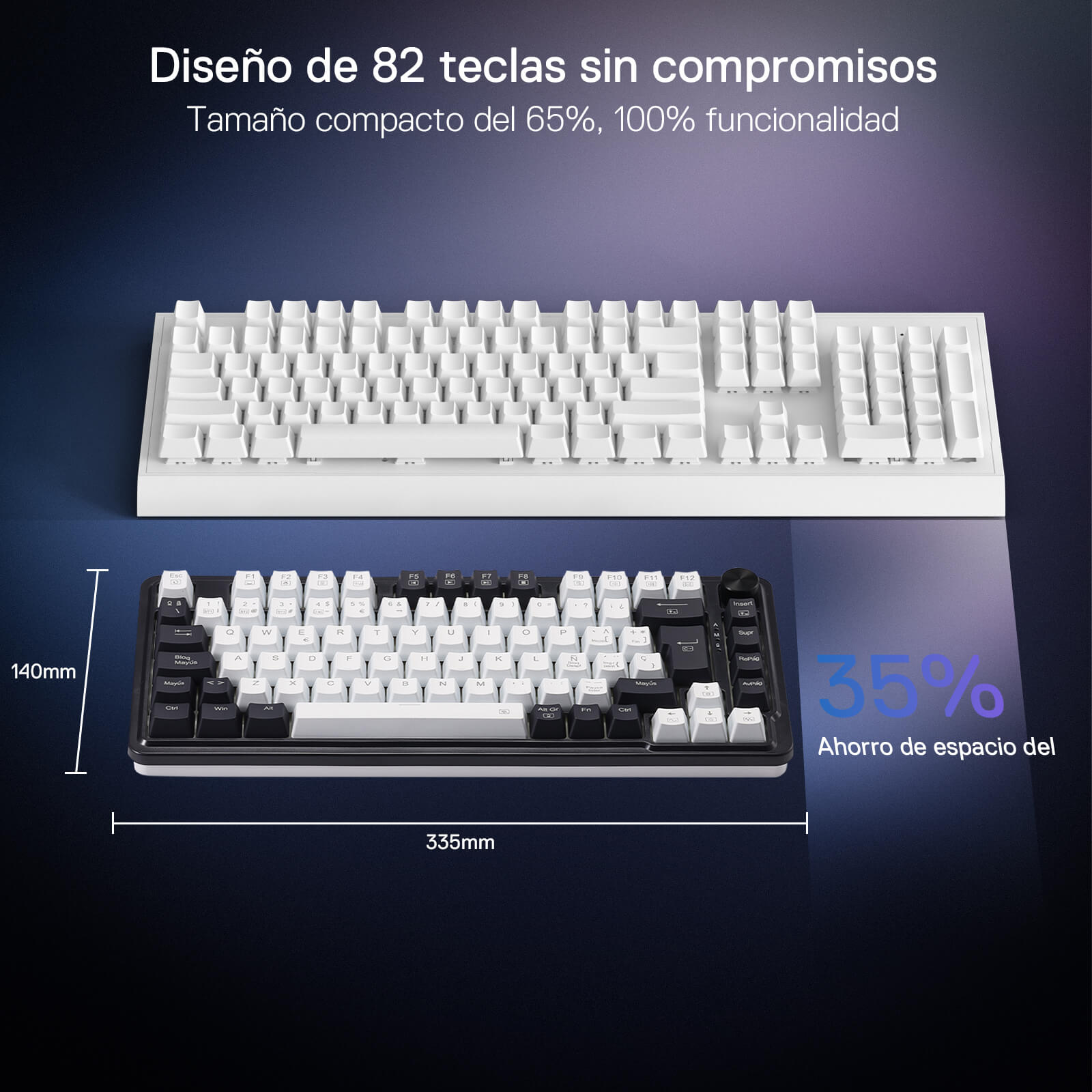 White keyboard with black keys on a dark background, showing dimensions and text about key layout and space saving.