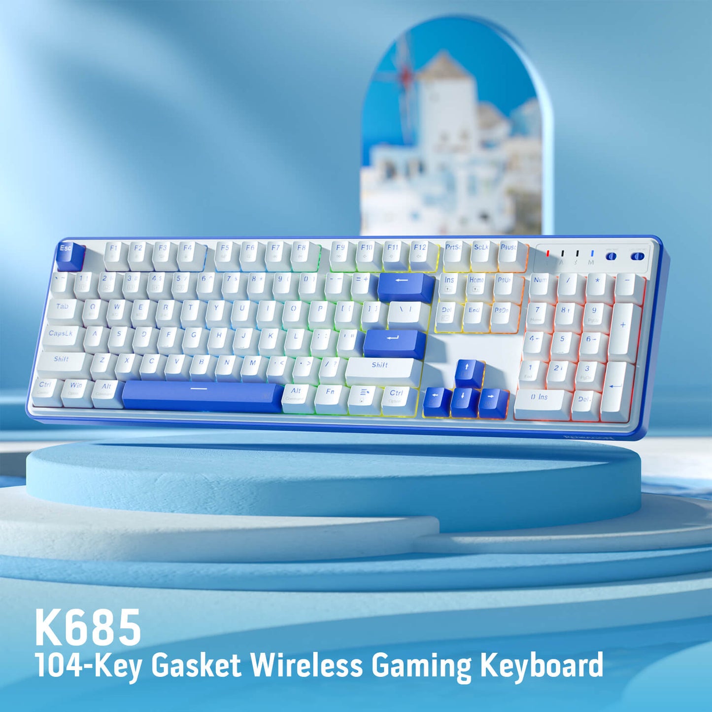 Redragon K685 PRO 104 Keys Wireless Gasket RGB Gaming Keyboard, 3-Modes 100% Layout Mechanical Keyboard w/Hot-Swap Socket, Sound Absorbing Pads & Linear Red Switch, Klein Blue & Oia White