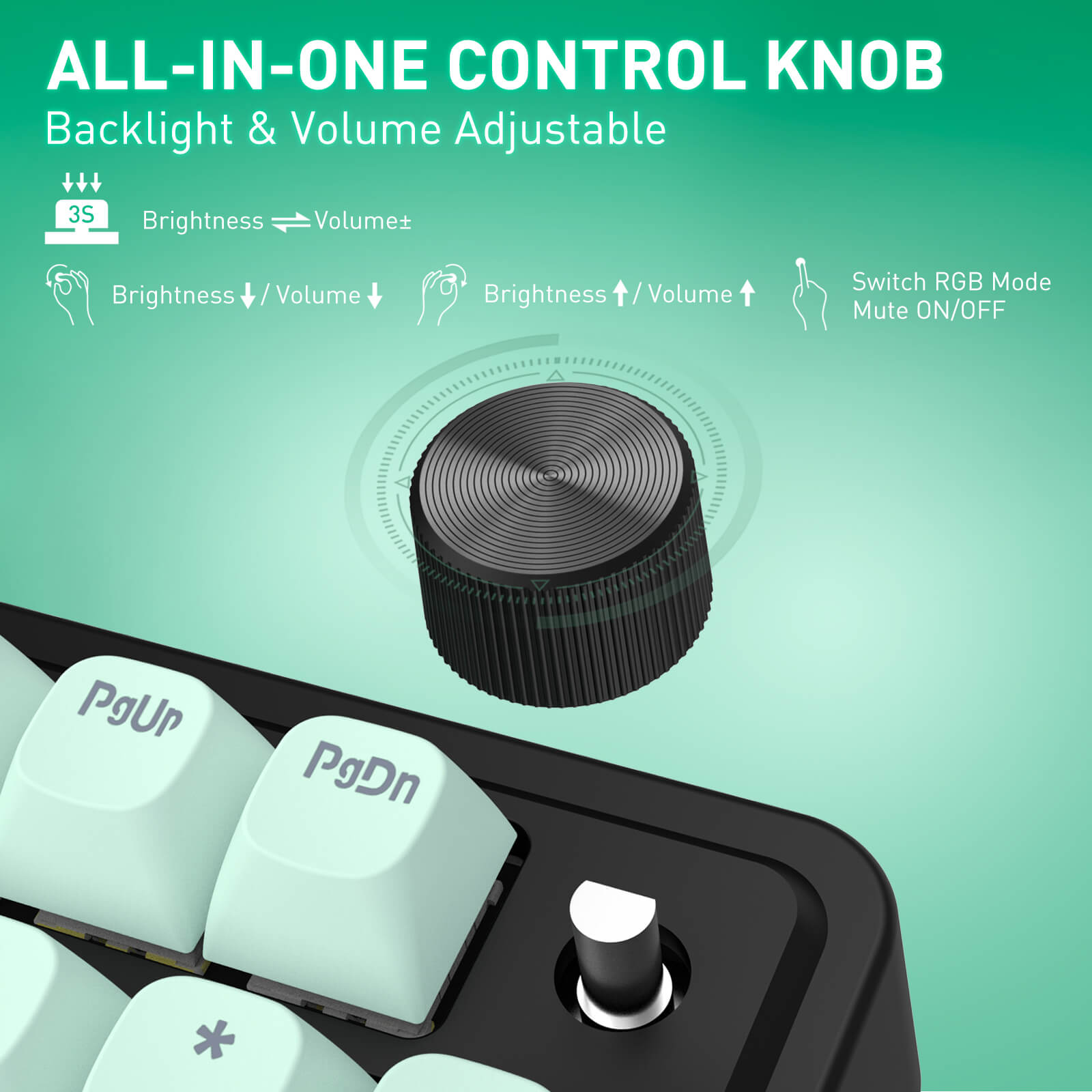 All-in-one control knob for backlight and volume adjustment on a keyboard with green background