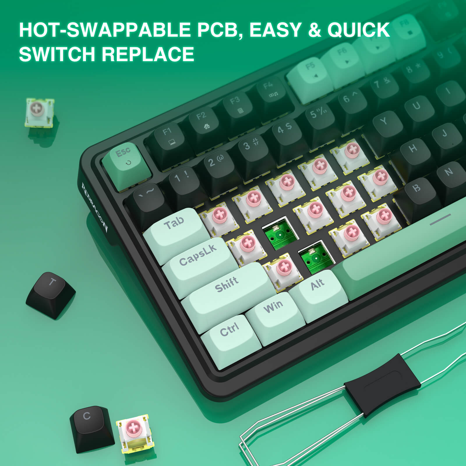 Keyboard with hot-swappable PCB on a green background