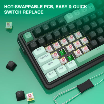 Keyboard with hot-swappable PCB on a green background