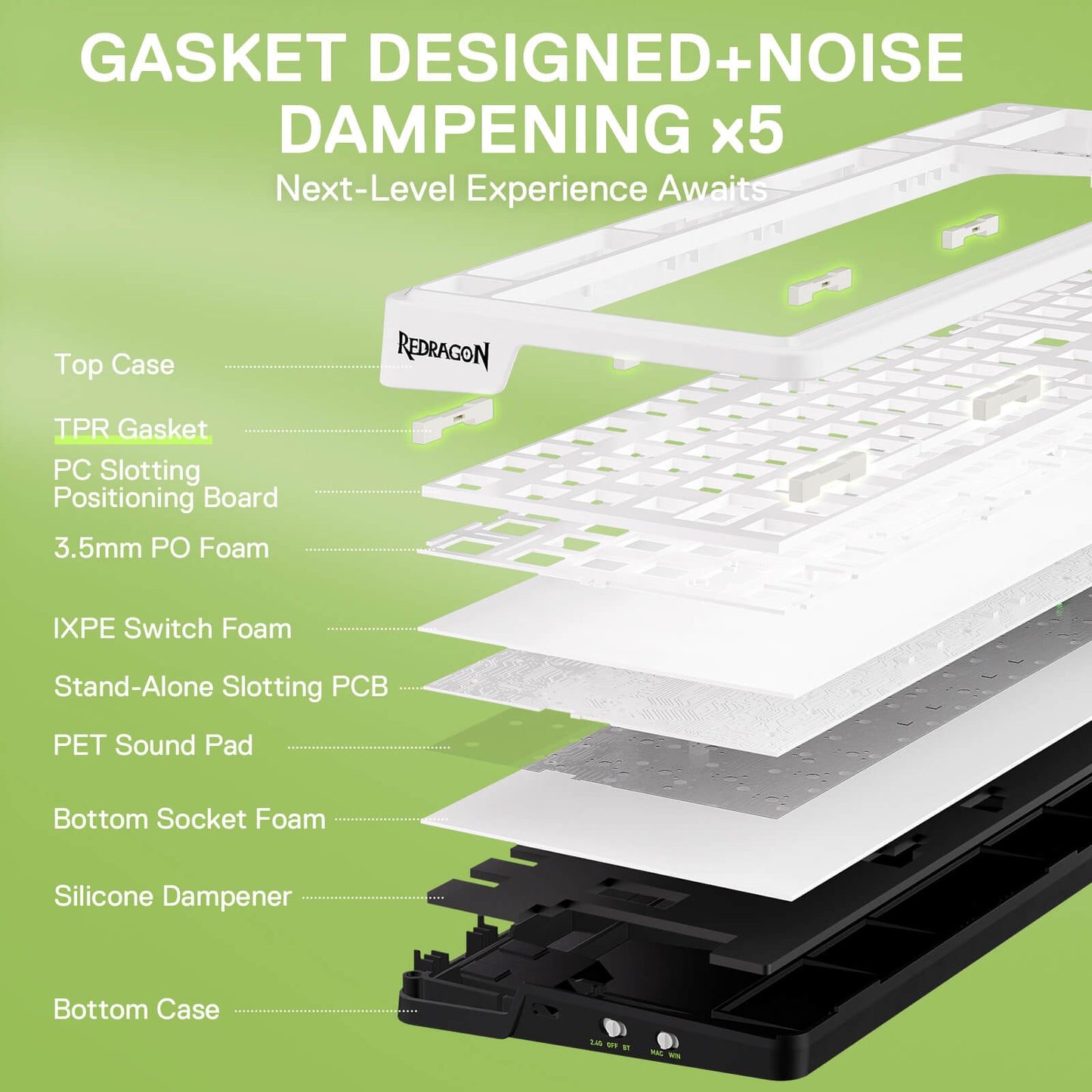 Redragon  K686 PRO 98 Keys Gasket RGB Gaming Keyboard layers showcasing gasket design and 5 noise dampening for improved acoustics