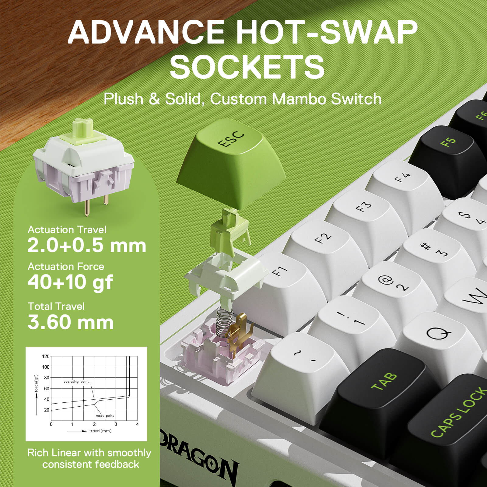 Redragon K686 MAX Hot-Swap Sockets with Custom linear Mambo Switches, Featuring Actuation Travel of 2.0±0.5mm and Actuation Force of 40±10gf for Smooth Typing