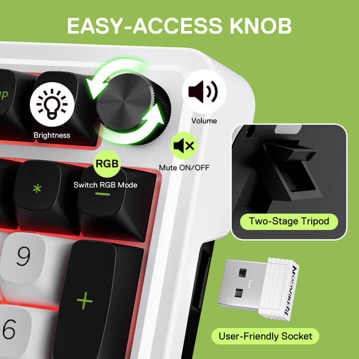 Redragon K686 MAX Keyboard with Easy-Access Knob for Controlling Brightness, Volume, RGB Mode, and Mute Function; Featuring Two-Stage Tripod and User-Friendly USB Socket