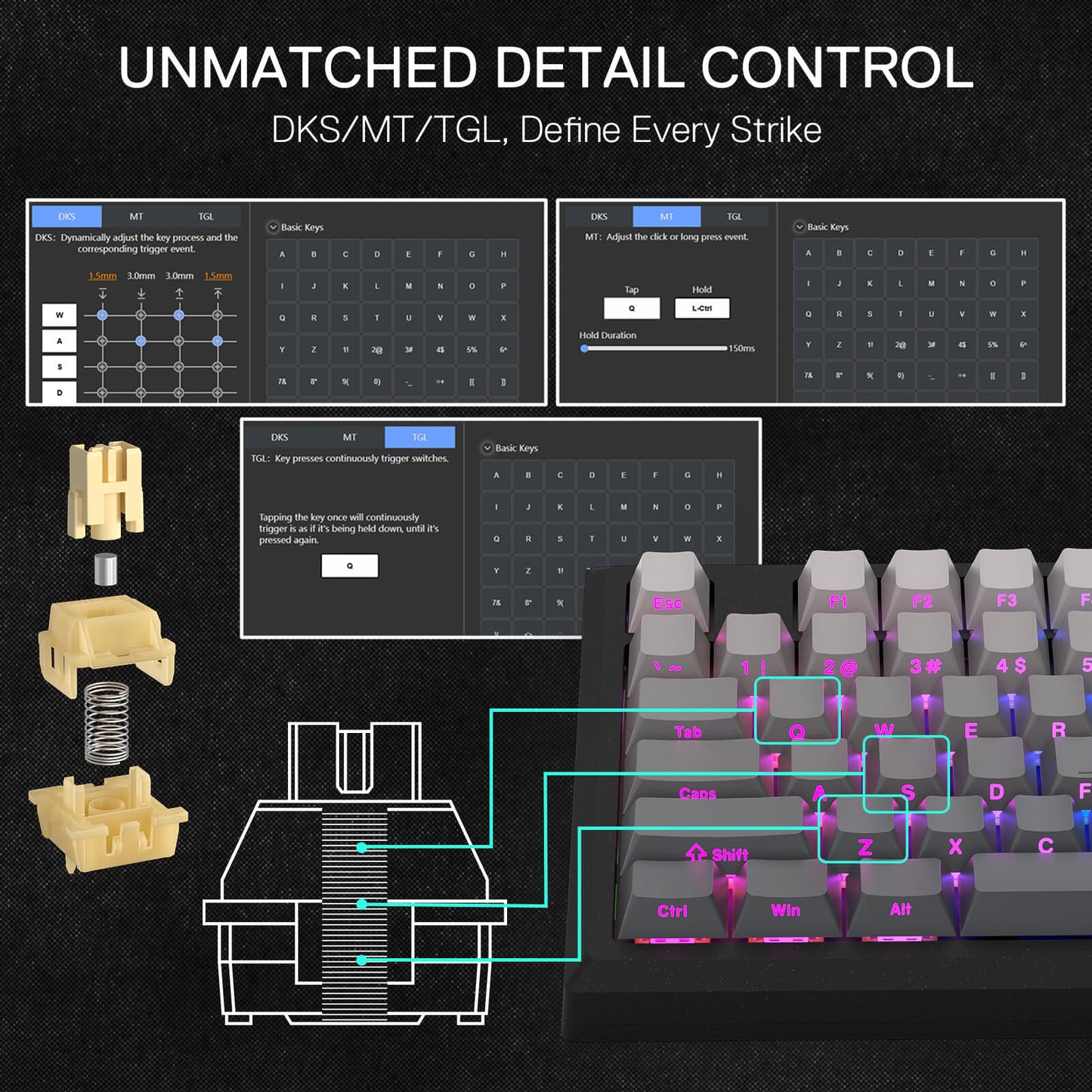 Technical diagram of a mechanical keyboard with customizable key components and software interface.
