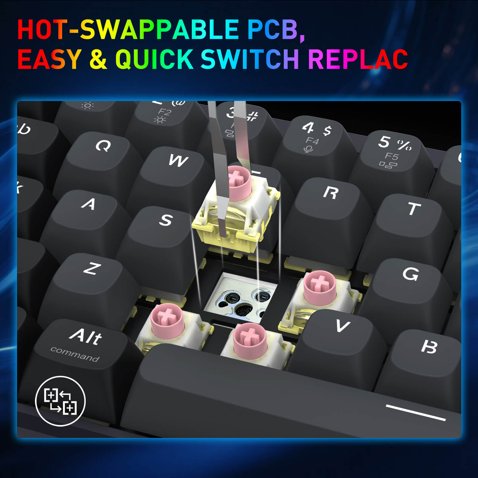 Keyboard with hot-swappable PCB and easy switch replacement text on a blue gradient background