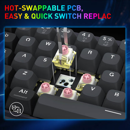 Keyboard with hot-swappable PCB and easy switch replacement text on a blue gradient background