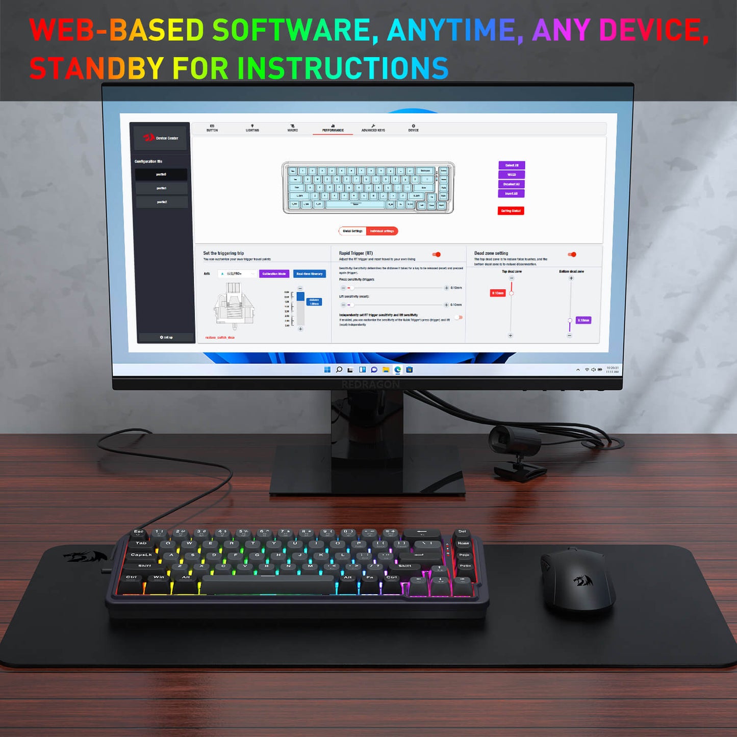Computer setup with monitor, keyboard, and mouse on a desk, featuring text about web-based software availability.
