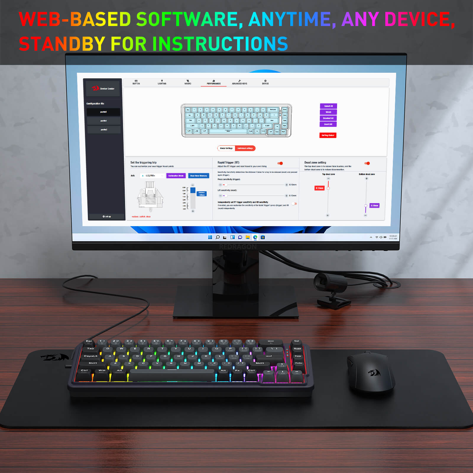 Computer setup with monitor, keyboard, and mouse on a desk, featuring text about web-based software availability.