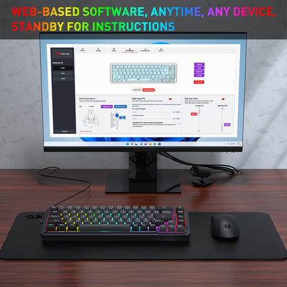 Computer setup with monitor, keyboard, and mouse on a desk, featuring text about web-based software availability.