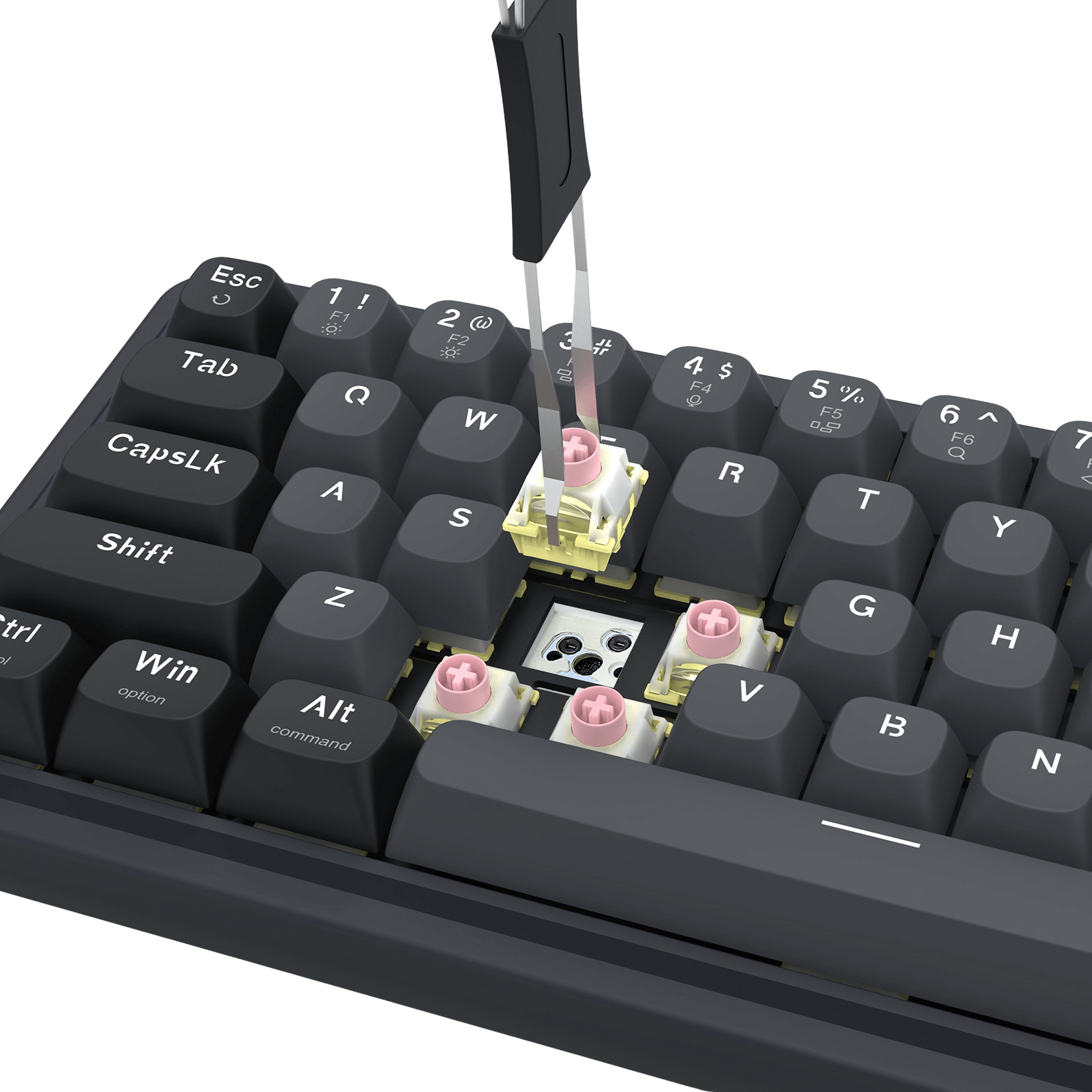 Close-up of a mechanical keyboard with keycaps being removed using tweezers.