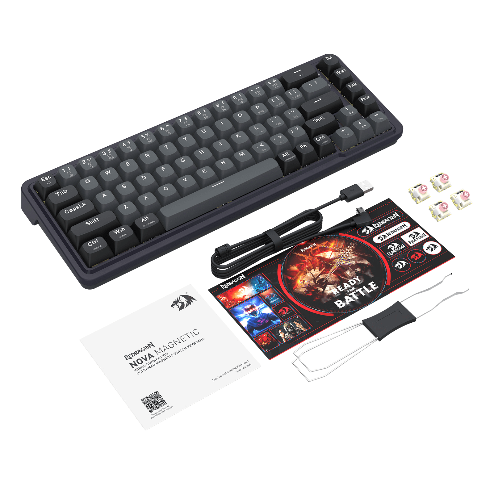 Mechanical keyboard with accessories including a mouse pad, business card, and dice on a black background