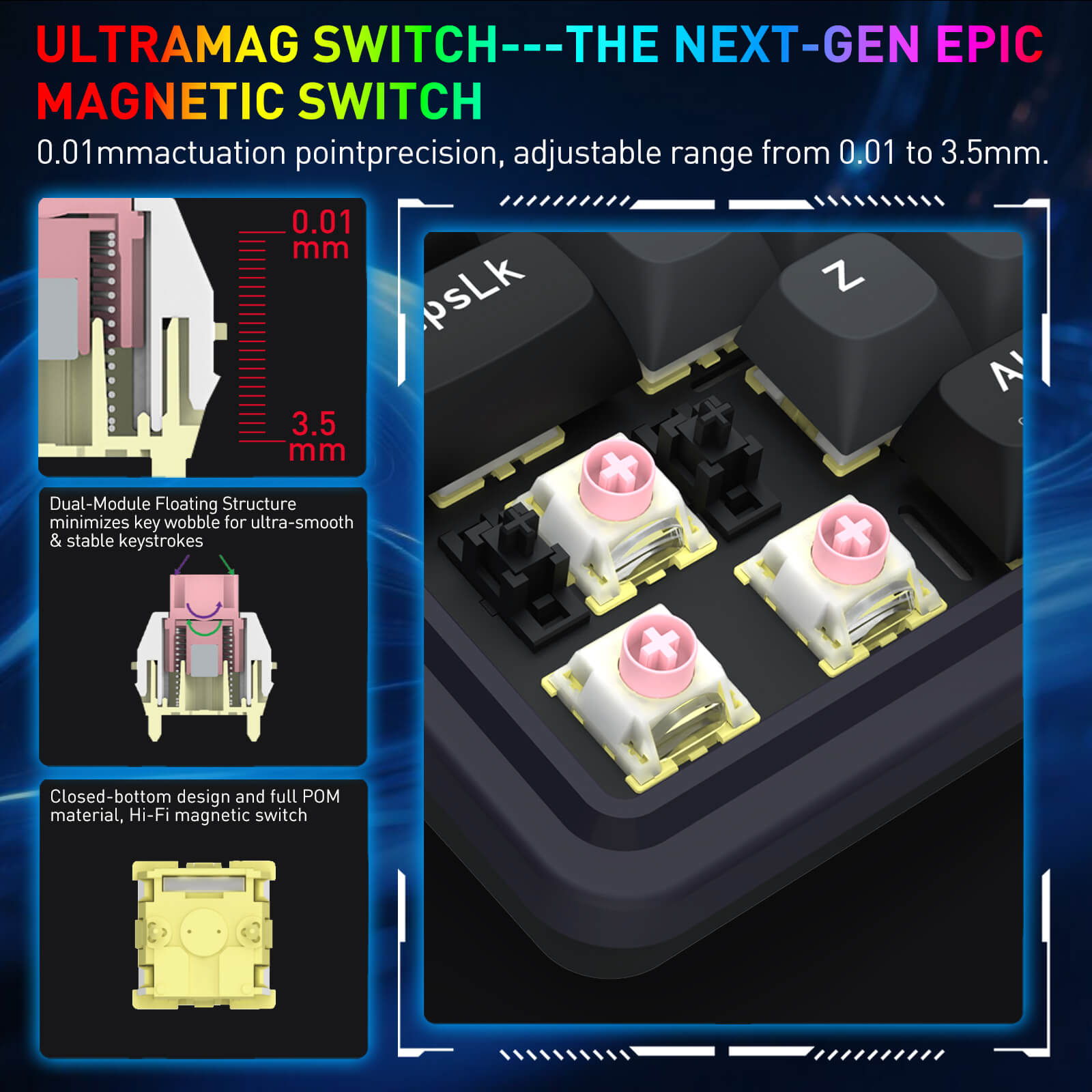 Ultramag switch for keyboard with technical details and close-up views on a blue background