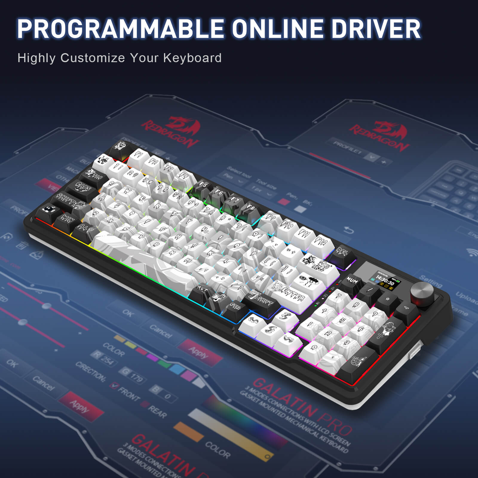 Mechanical keyboard with customizable features on a dark background