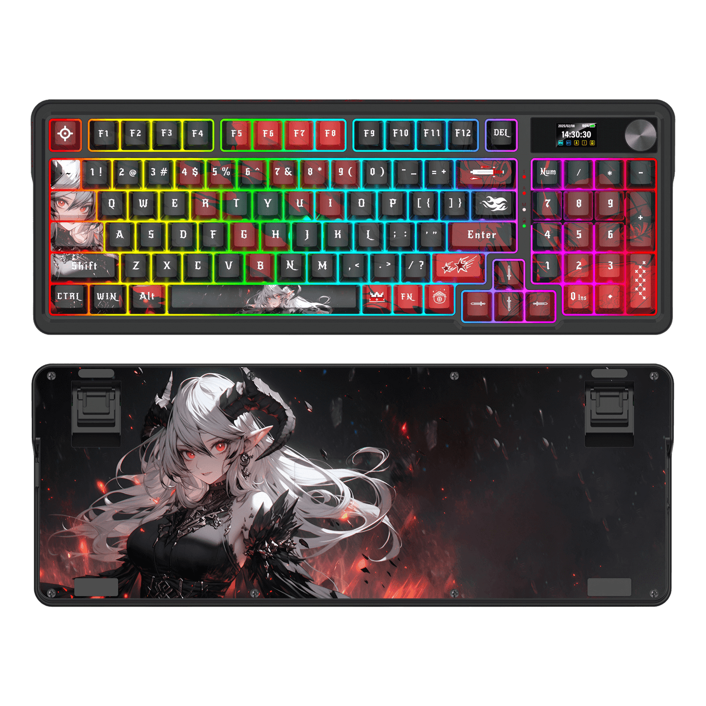 Redragon K719 PRO Wireless Gasket Gaming Keyboard w/Hype Screen & Knob, 95 Keys Mechanical Keyboard, Easy-Control 1.14’’ TFT Info Display, 5-Layer Noise Dampening, Custom Linear Switch, Anime Edition, Black and Red