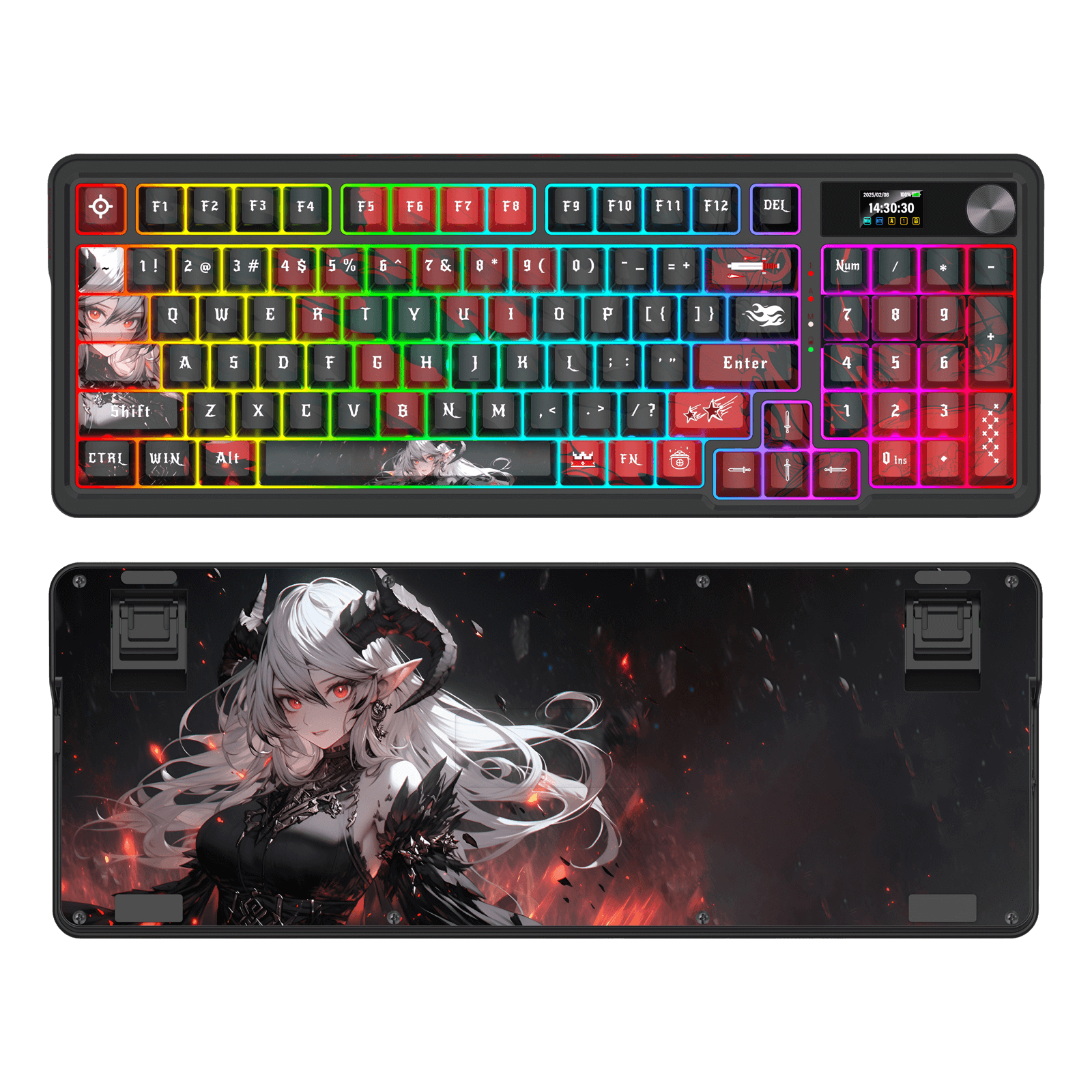 Redragon K719 PRO Wireless Gasket Gaming Keyboard w/Hype Screen & Knob, 95 Keys Mechanical Keyboard, Easy-Control 1.14’’ TFT Info Display, 5-Layer Noise Dampening, Custom Linear Switch, Anime Edition, Black and Red