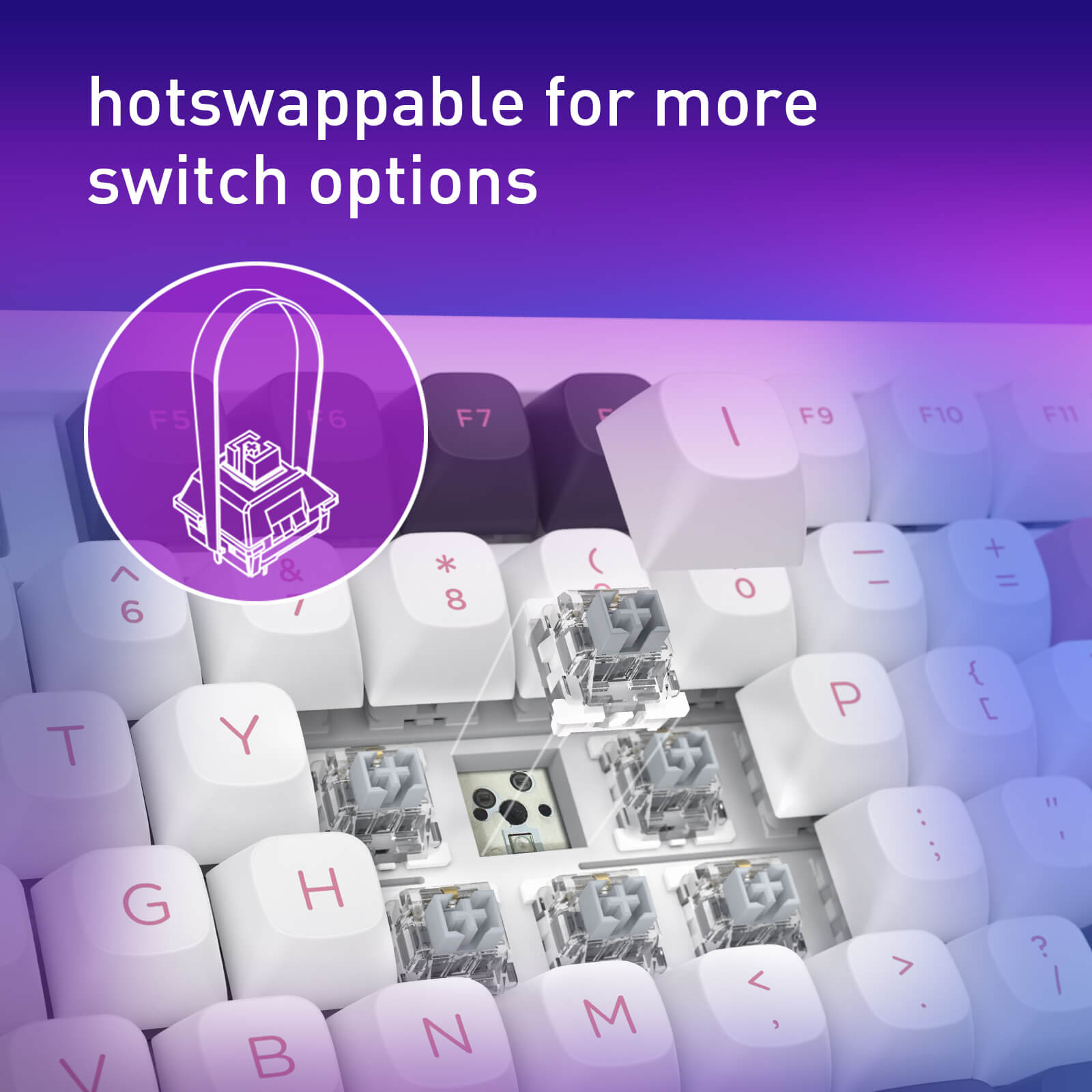 Keyboard with hotswappable switch mechanism on a gradient purple background
