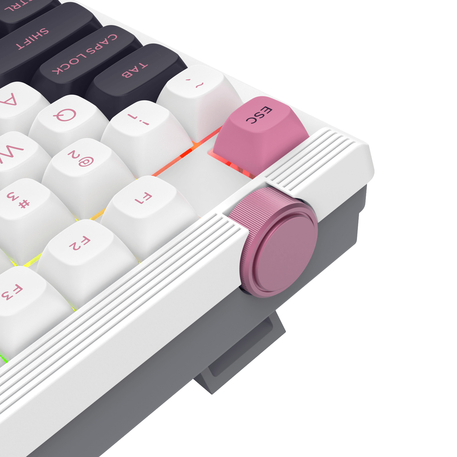 Close-up of a mechanical keyboard with pink escape key on a white background