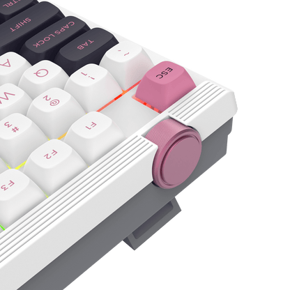 Close-up of a mechanical keyboard with pink escape key on a white background
